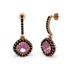 Pembe kuvars ve siyah zirkon 14 ayar rose altın küpe