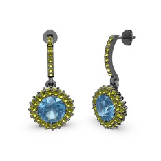 Akuamarin ve peridot 925 ayar siyah rodyum kaplama gümüş küpe