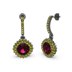 Rodolit garnet ve peridot 925 ayar siyah rodyum kaplama gümüş küpe
