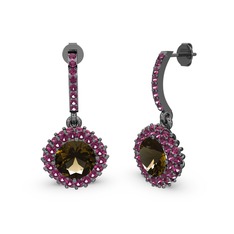 Dumanlı kuvars ve rodolit garnet 925 ayar siyah rodyum kaplama gümüş küpe