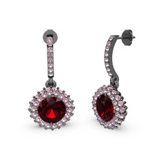 Garnet ve pembe kuvars 925 ayar siyah rodyum kaplama gümüş küpe