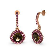 Dumanlı kuvars ve rodolit garnet 14 ayar rose altın küpe