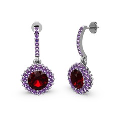 Garnet ve ametist 14 ayar beyaz altın küpe