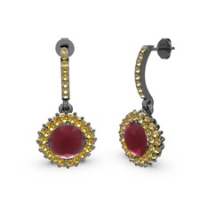 Kök yakut ve sitrin 925 ayar siyah rodyum kaplama gümüş küpe