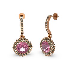Pembe kuvars ve dumanlı kuvars 18 ayar rose altın küpe