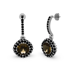 Dumanlı kuvars ve siyah zirkon 14 ayar beyaz altın küpe