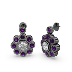 Elmas Çiçek Küpe - Ametist ve swarovski 925 ayar siyah rodyum kaplama gümüş küpe #10xiwm2