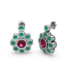 Elmas Çiçek Küpe - Kök zümrüt ve rodolit garnet 8 ayar beyaz altın küpe #12sxk2i