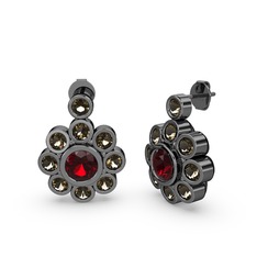 Elmas Çiçek Küpe - Dumanlı kuvars ve garnet 925 ayar siyah rodyum kaplama gümüş küpe #12uba7b