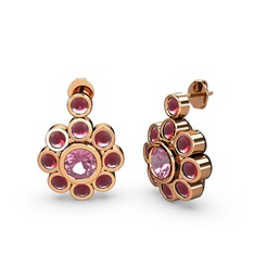 Elmas Çiçek Küpe - Kök yakut ve pembe kuvars 925 ayar rose altın kaplama gümüş küpe #13fbdye