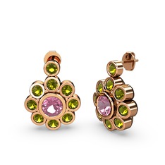 Peridot ve pembe kuvars 14 ayar rose altın küpe