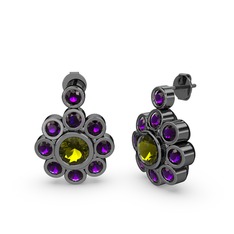 Elmas Çiçek Küpe - Ametist ve peridot 925 ayar siyah rodyum kaplama gümüş küpe #1akvn1k