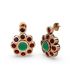 Garnet ve kök zümrüt 8 ayar rose altın küpe