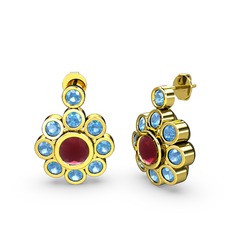 Akuamarin ve kök yakut 14 ayar altın küpe