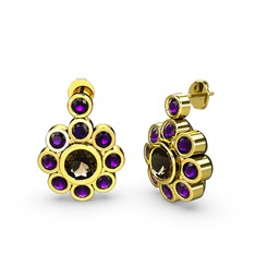 Ametist ve dumanlı kuvars 8 ayar altın küpe