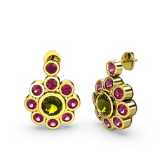 Elmas Çiçek Küpe - Rodolit garnet ve peridot 18 ayar altın küpe #1d20gvx