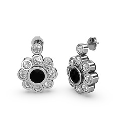 Elmas Çiçek Küpe - Beyaz zirkon ve siyah zirkon 14 ayar beyaz altın küpe #1d2bken