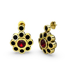 Elmas Çiçek Küpe - Siyah zirkon ve garnet 14 ayar altın küpe #1fmdlvg