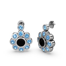 Elmas Çiçek Küpe - Akuamarin ve siyah zirkon 18 ayar beyaz altın küpe #1g6cyrq