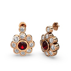 Elmas Çiçek Küpe - Elmas ve garnet 14 ayar rose altın küpe (1 karat) #1g72159