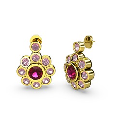 Pembe kuvars ve rodolit garnet 8 ayar altın küpe