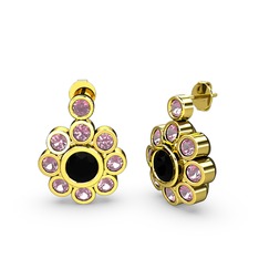 Elmas Çiçek Küpe - Pembe kuvars ve siyah zirkon 18 ayar altın küpe #1g9ef08