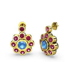 Elmas Çiçek Küpe - Rodolit garnet ve akuamarin 18 ayar altın küpe #1hlnyan