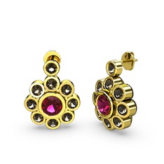 Elmas Çiçek Küpe - Dumanlı kuvars ve rodolit garnet 14 ayar altın küpe #1ip356a