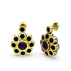 Elmas Çiçek Küpe - Siyah zirkon ve ametist 8 ayar altın küpe #1k1zw4p