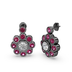 Elmas Çiçek Küpe - Rodolit garnet ve beyaz zirkon 925 ayar siyah rodyum kaplama gümüş küpe #1kb4ez2