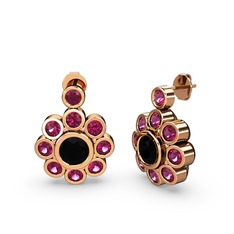 Elmas Çiçek Küpe - Rodolit garnet ve siyah zirkon 18 ayar rose altın küpe #1n127g2
