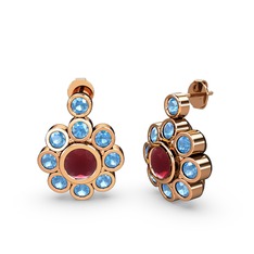 Elmas Çiçek Küpe - Akuamarin ve kök yakut 8 ayar rose altın küpe #1p14jcg