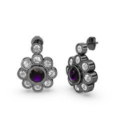Elmas Çiçek Küpe - Swarovski ve ametist 925 ayar siyah rodyum kaplama gümüş küpe #1qonmme