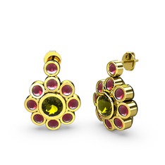 Elmas Çiçek Küpe - Kök yakut ve peridot 14 ayar altın küpe #1r24fso