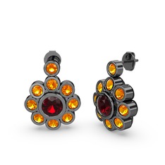 Elmas Çiçek Küpe - Sitrin ve garnet 925 ayar siyah rodyum kaplama gümüş küpe #1sn68g3