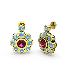 Elmas Çiçek Küpe - Akuamarin ve rodolit garnet 18 ayar altın küpe #1swswv6