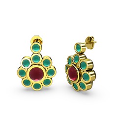 Elmas Çiçek Küpe - Kök zümrüt ve kök yakut 18 ayar altın küpe #1t92y3z