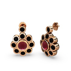 Elmas Çiçek Küpe - Siyah zirkon ve kök yakut 14 ayar rose altın küpe #1u12am0