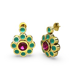 Kök zümrüt ve rodolit garnet 8 ayar altın küpe