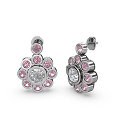 Elmas Çiçek Küpe - Pembe kuvars ve swarovski 14 ayar beyaz altın küpe #1yelsd8