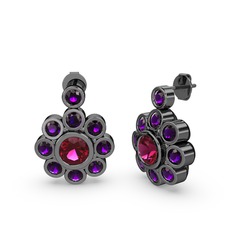 Elmas Çiçek Küpe - Ametist ve rodolit garnet 925 ayar siyah rodyum kaplama gümüş küpe #49tdrt