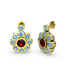Elmas Çiçek Küpe - Akuamarin ve garnet 14 ayar altın küpe #5u451q