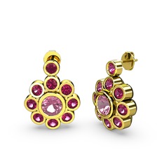 Elmas Çiçek Küpe - Rodolit garnet ve pembe kuvars 14 ayar altın küpe #6v330s