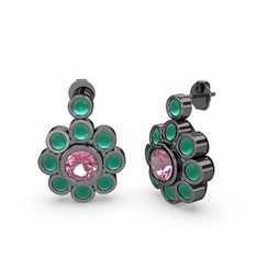 Elmas Çiçek Küpe - Kök zümrüt ve pembe kuvars 925 ayar siyah rodyum kaplama gümüş küpe #81l50y