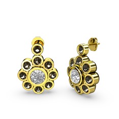 Elmas Çiçek Küpe - Dumanlı kuvars ve swarovski 8 ayar altın küpe #88duk6