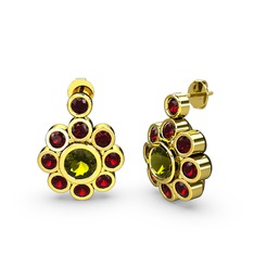 Elmas Çiçek Küpe - Garnet ve peridot 8 ayar altın küpe #975tr