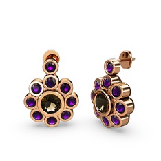 Elmas Çiçek Küpe - Ametist ve dumanlı kuvars 8 ayar rose altın küpe #97gi2r