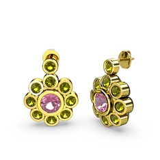 Elmas Çiçek Küpe - Peridot ve pembe kuvars 8 ayar altın küpe #989ynm