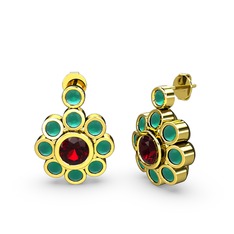 Elmas Çiçek Küpe - Kök zümrüt ve garnet 14 ayar altın küpe #9n02tk