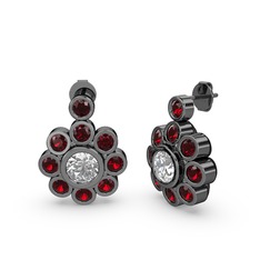 Elmas Çiçek Küpe - Garnet ve elmas 925 ayar siyah rodyum kaplama gümüş küpe (1.08 karat) #a595z2